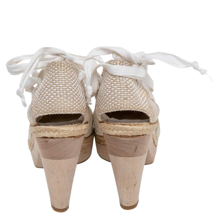 Pre Owned Stella McCartney White Fabric And Canvas Platform Ankle Wrap Pumps Size 37.5