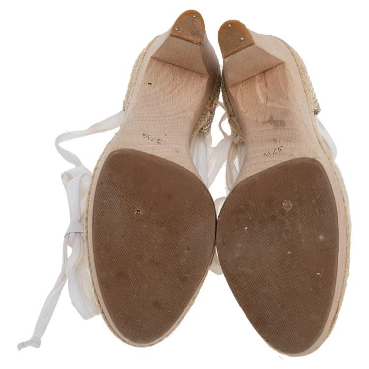Pre Owned Stella McCartney White Fabric And Canvas Platform Ankle Wrap Pumps Size 37.5