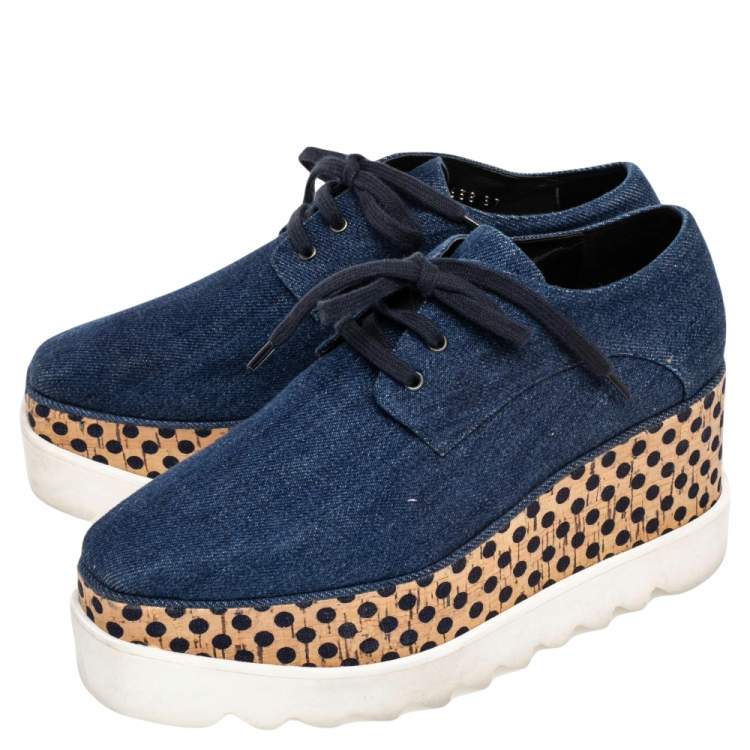 Pre Owned Stella McCartney Blue/Beige Denim And Leather Elyse Platform Sneakers Size 37