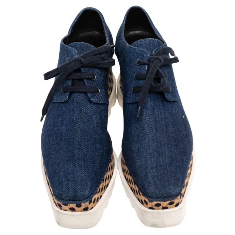 Pre Owned Stella McCartney Blue/Beige Denim And Leather Elyse Platform Sneakers Size 37