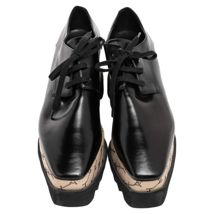 مملوكة مسبقًا Stella McCartney Black/Beige Faux Leather Monogram Elyse Platform Derby Sneakers Size 38