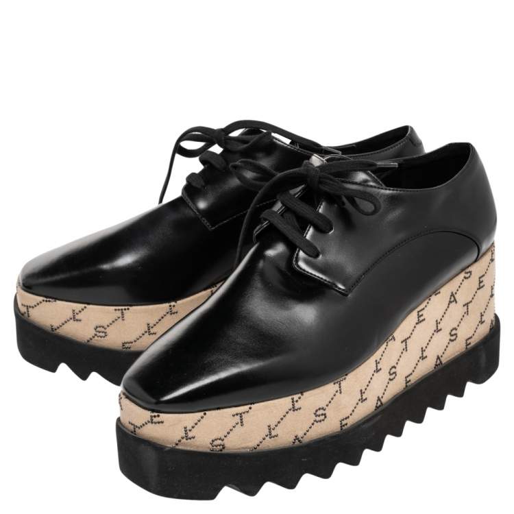 مملوكة مسبقًا Stella McCartney Black/Beige Faux Leather Monogram Elyse Platform Derby Sneakers Size 38