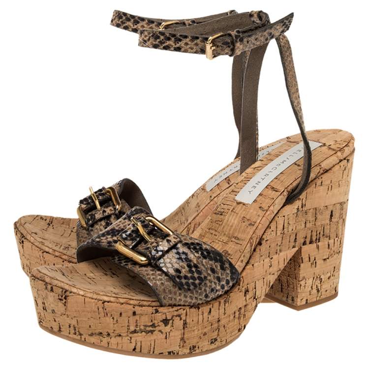 Pre Owned Stella McCartney Beige Faux Python Leather Cork Platform Sandals Size 39