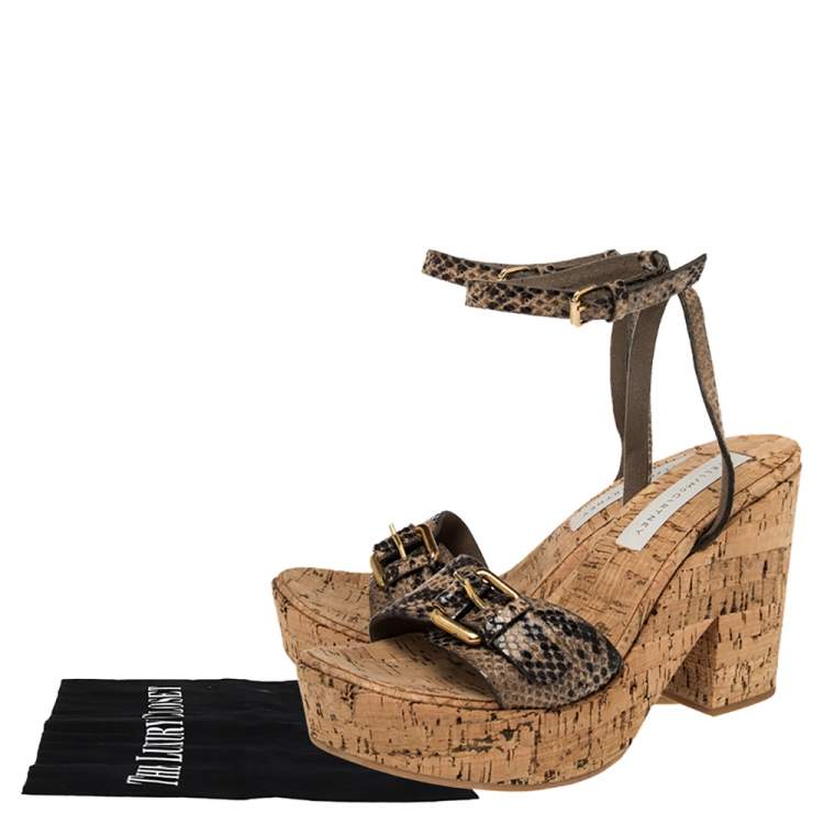 Pre Owned Stella McCartney Beige Faux Python Leather Cork Platform Sandals Size 39