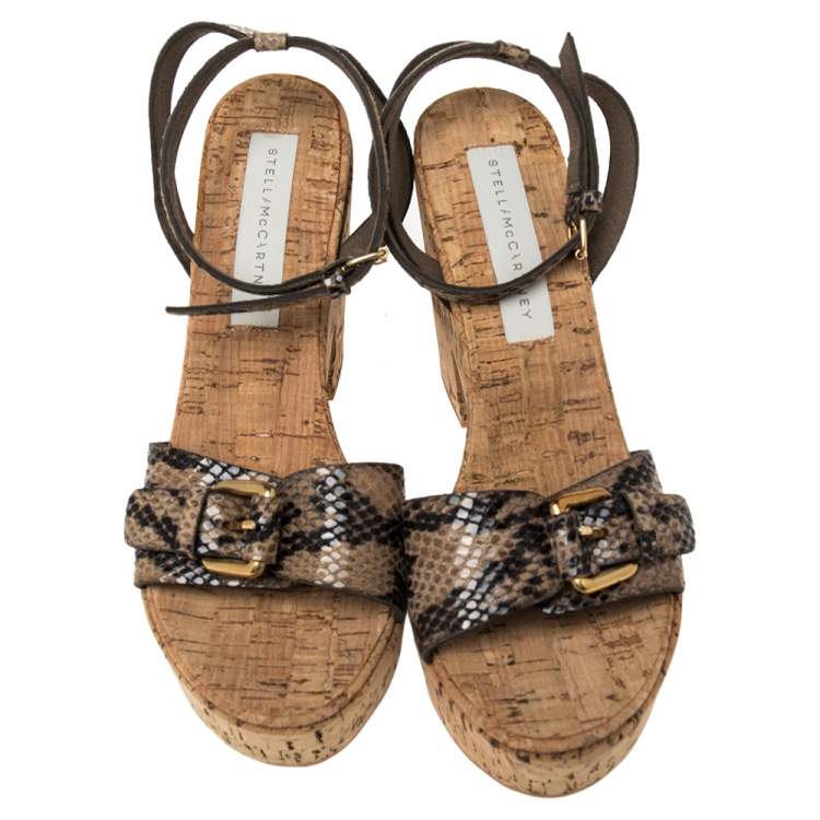 Pre Owned Stella McCartney Beige Faux Python Leather Cork Platform Sandals Size 39