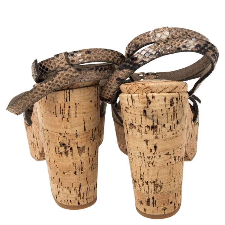 Pre Owned Stella McCartney Beige Faux Python Leather Cork Platform Sandals Size 39