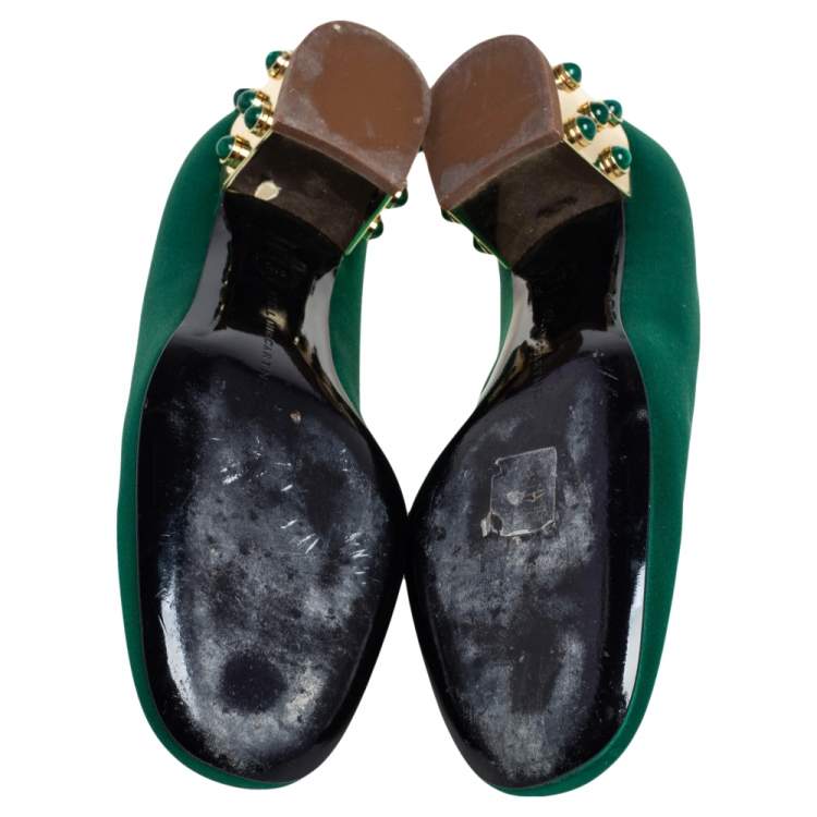 Pre Owned Stella McCartney Green Satin Studded Block Heel Pumps Size 38.5