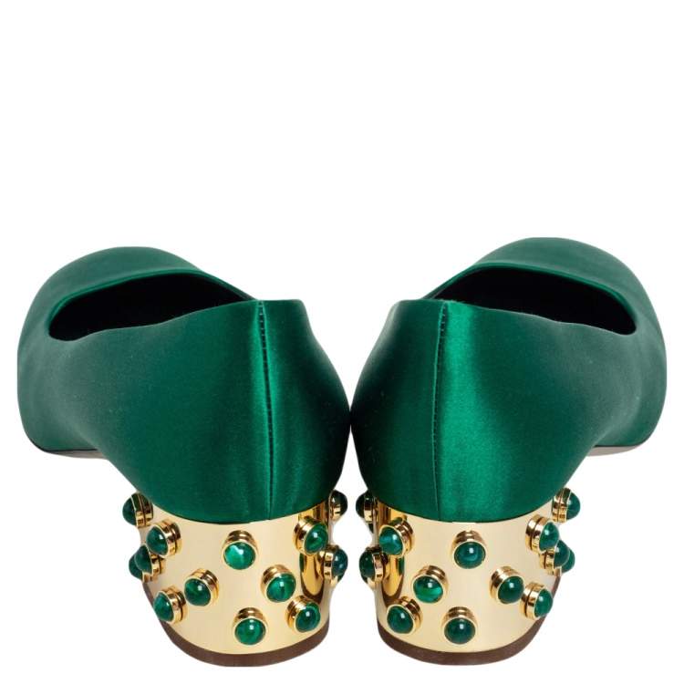 Pre Owned Stella McCartney Green Satin Studded Block Heel Pumps Size 38.5