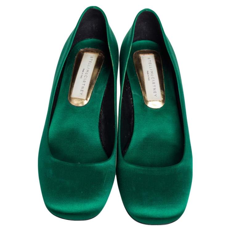 Pre Owned Stella McCartney Green Satin Studded Block Heel Pumps Size 38.5