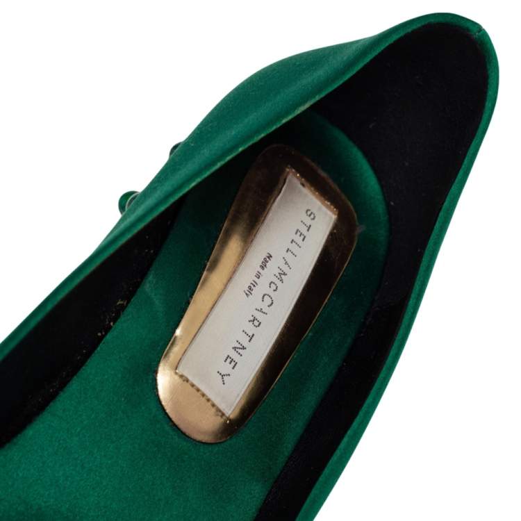 Pre Owned Stella McCartney Green Satin Studded Block Heel Pumps Size 38.5