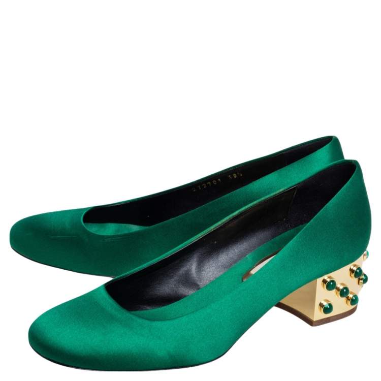 Pre Owned Stella McCartney Green Satin Studded Block Heel Pumps Size 38.5