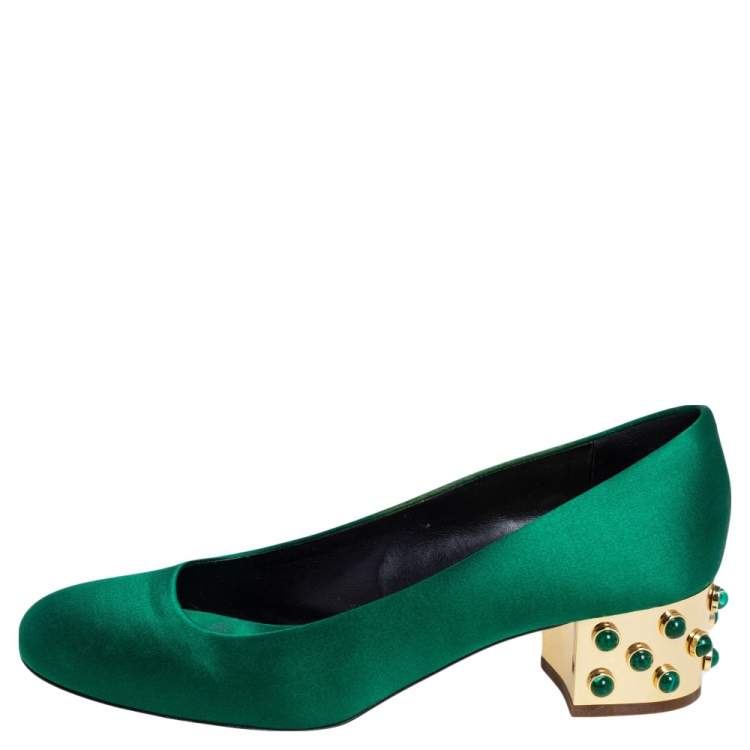Pre Owned Stella McCartney Green Satin Studded Block Heel Pumps Size 38.5