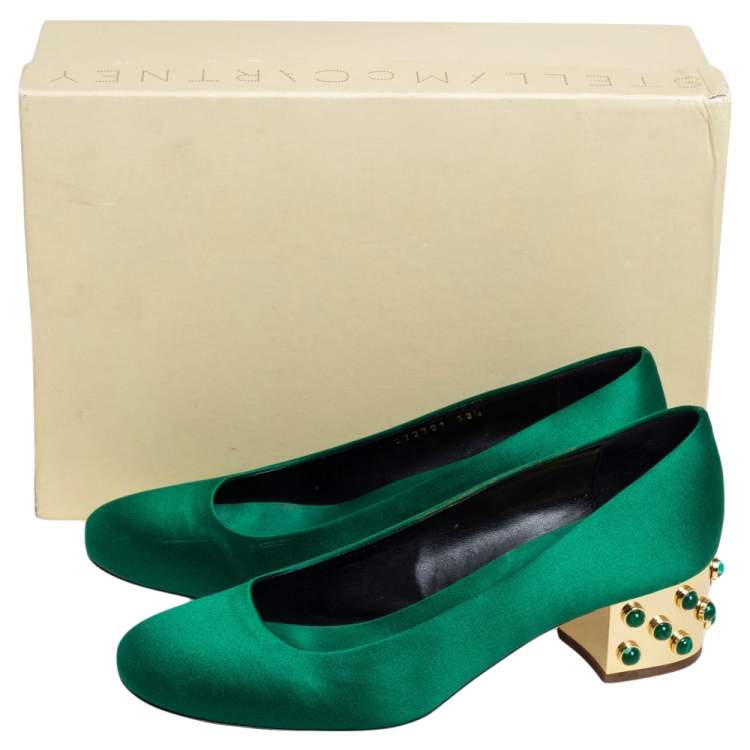 Pre Owned Stella McCartney Green Satin Studded Block Heel Pumps Size 38.5