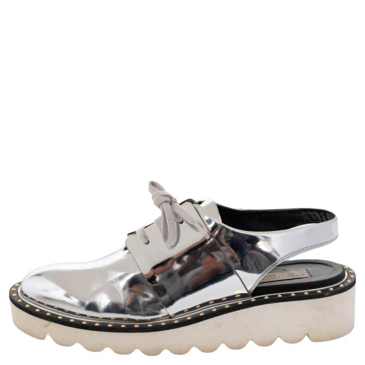 Pre Owned Stella McCartney Metallic Silver Faux Leather Odette Slingback Flats Size 37