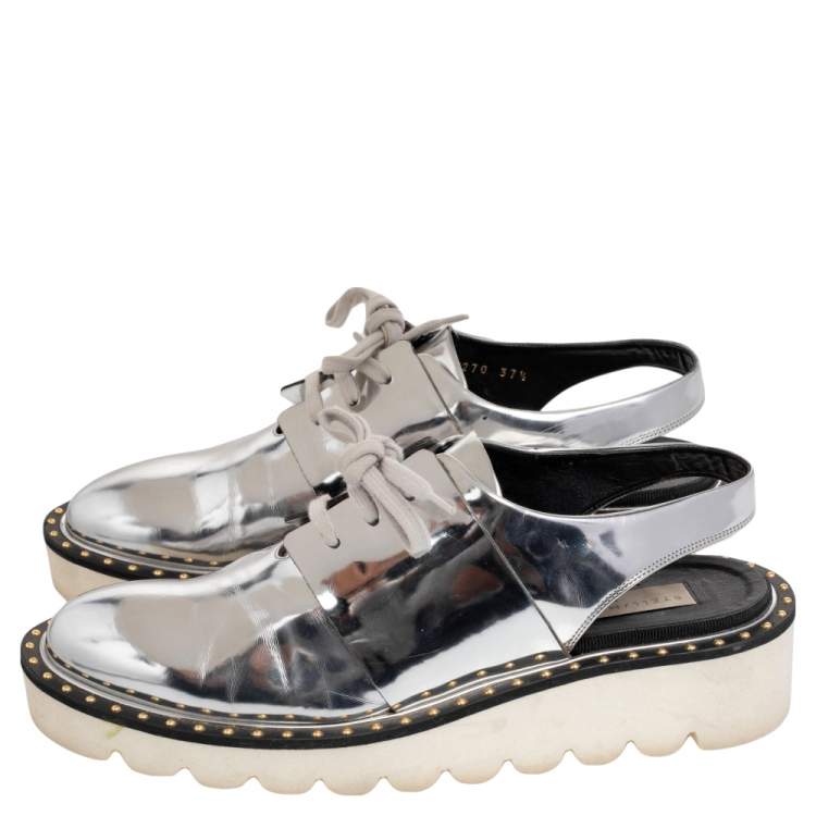 Pre Owned Stella McCartney Metallic Silver Faux Leather Odette Slingback Flats Size 37