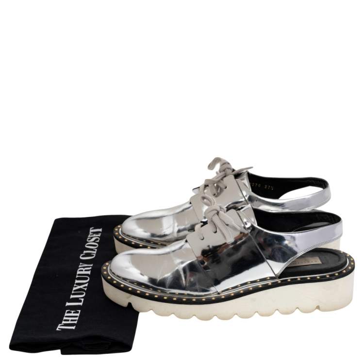Pre Owned Stella McCartney Metallic Silver Faux Leather Odette Slingback Flats Size 37