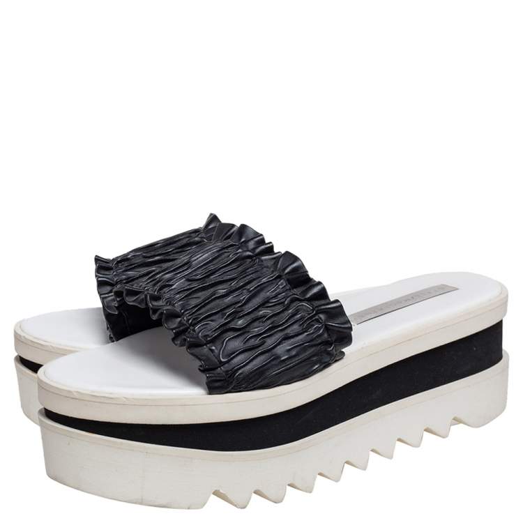 Pre Owned Stella McCartney Black Ruffle Faux Leather Platform Slide Sandals Size 39