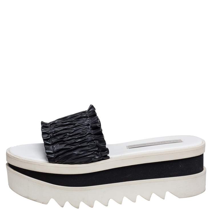 Pre Owned Stella McCartney Black Ruffle Faux Leather Platform Slide Sandals Size 39