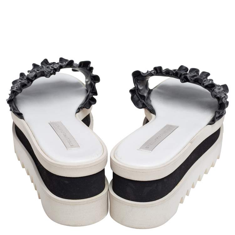 Pre Owned Stella McCartney Black Ruffle Faux Leather Platform Slide Sandals Size 39
