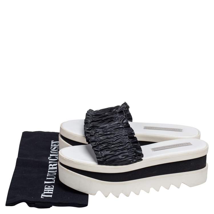 Pre Owned Stella McCartney Black Ruffle Faux Leather Platform Slide Sandals Size 39