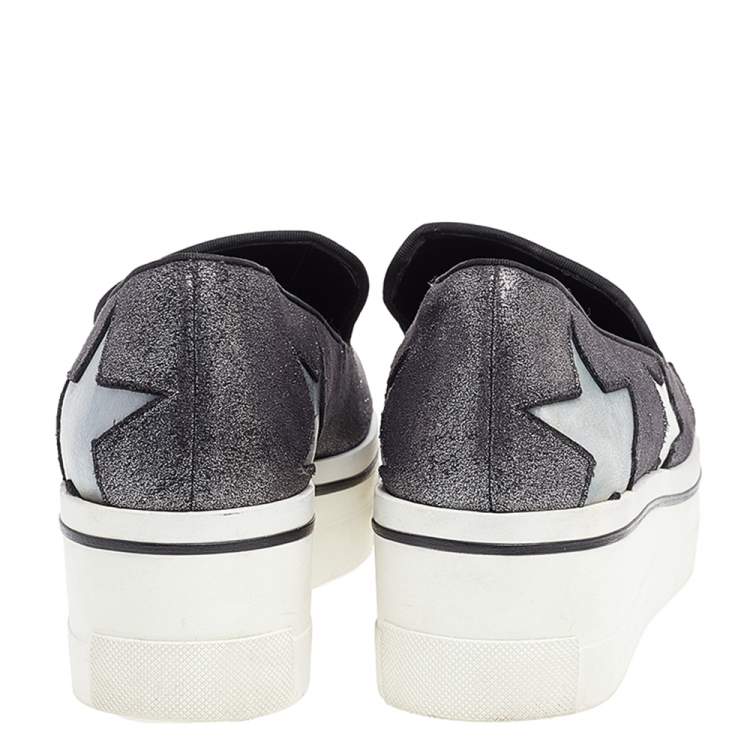 Pre Owned Stella McCartney Metallic Grey Faux Suede And Satin Binx Star Platform Slip On Sneakers Size 38