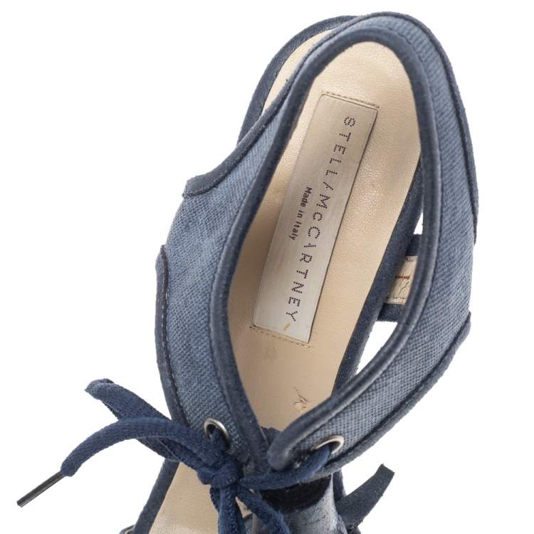 Pre Owned Stella McCartney Navy Blue Faux Leather And Canvas Platform Ankle Wrap Tassel Sandals Size 38.5