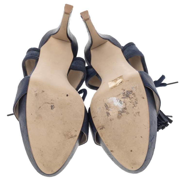Pre Owned Stella McCartney Navy Blue Faux Leather And Canvas Platform Ankle Wrap Tassel Sandals Size 38.5