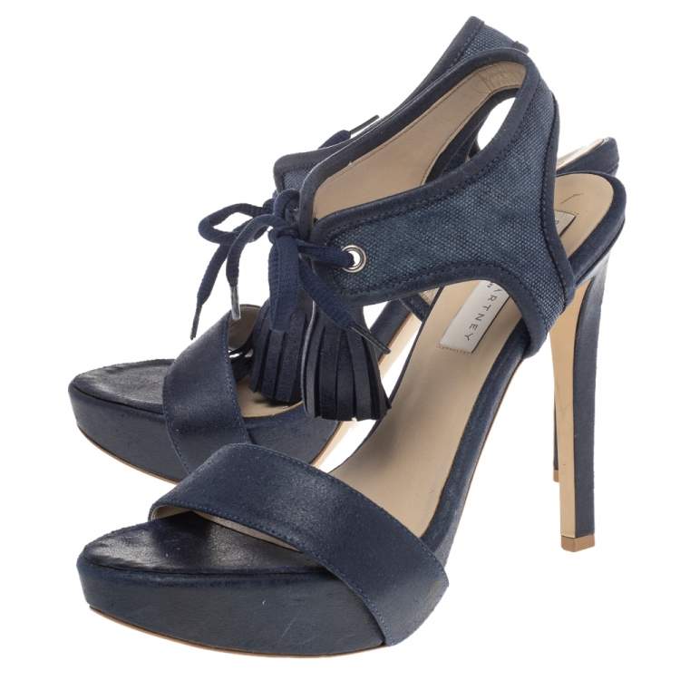 Pre Owned Stella McCartney Navy Blue Faux Leather And Canvas Platform Ankle Wrap Tassel Sandals Size 38.5
