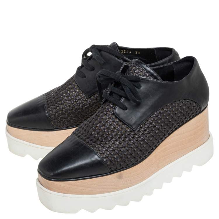 Pre Owned Stella McCartney Black Woven Faux Leather  Elyse Platform Derby Sneakers Size 38