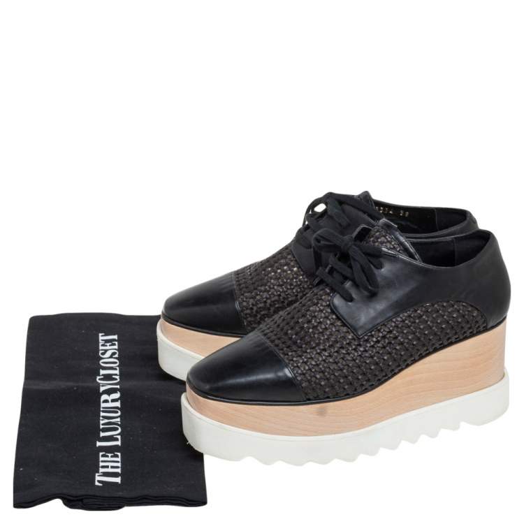 Pre Owned Stella McCartney Black Woven Faux Leather  Elyse Platform Derby Sneakers Size 38
