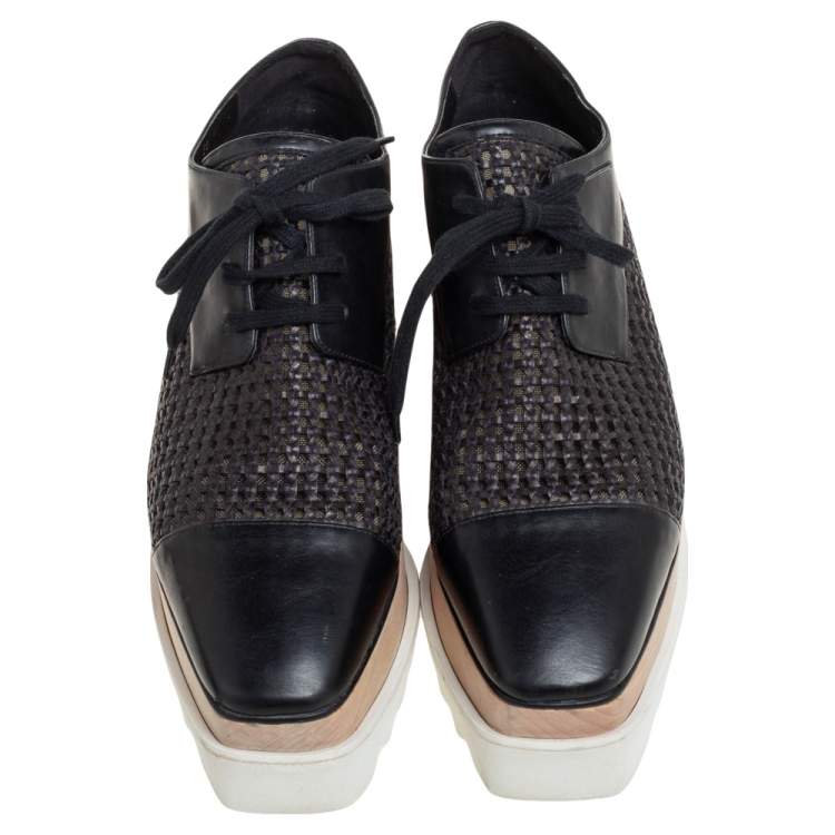 Pre Owned Stella McCartney Black Woven Faux Leather  Elyse Platform Derby Sneakers Size 38