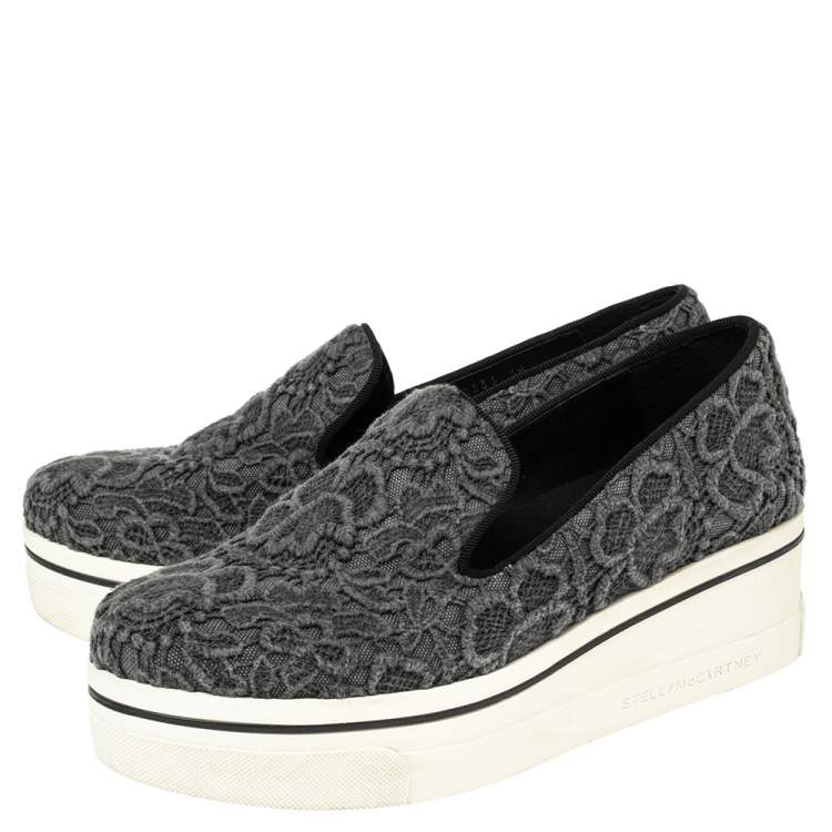 Pre Owned Stella McCartney Grey Embroidered Fabric Lace Slip On  Sneakers Size 38