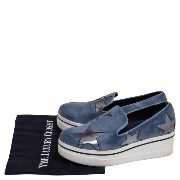 Pre Owned Stella McCartney Blue Faux Leather Binx Star Slip-On Platform Sneakers Size 38