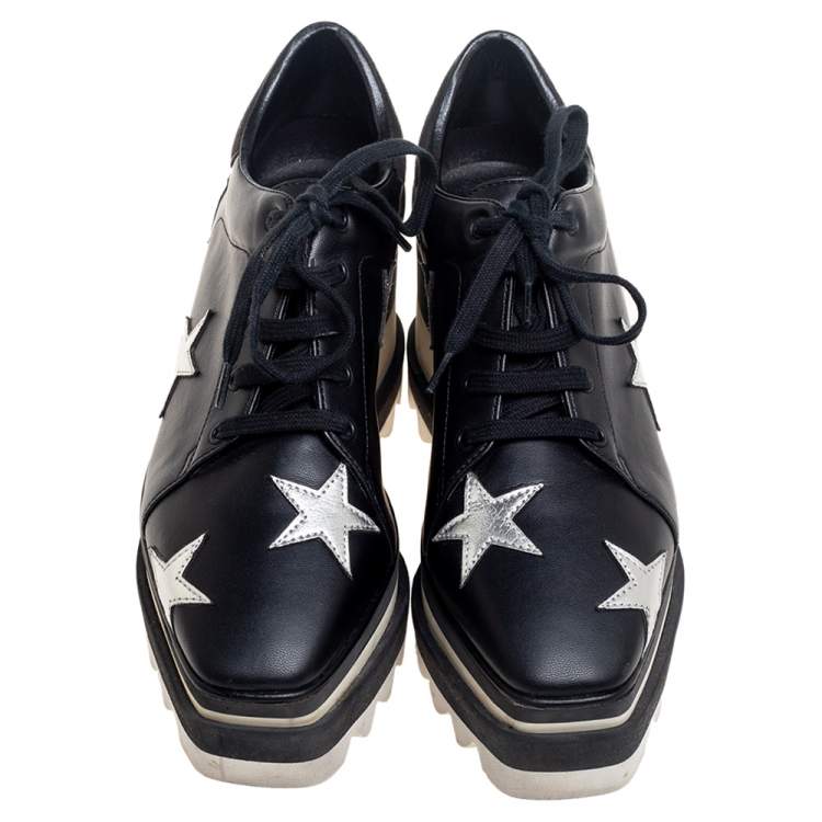 Pre Owned Stella McCartney Black Faux Leather Elyse Star Platform Lace Up Sneakers Size 35