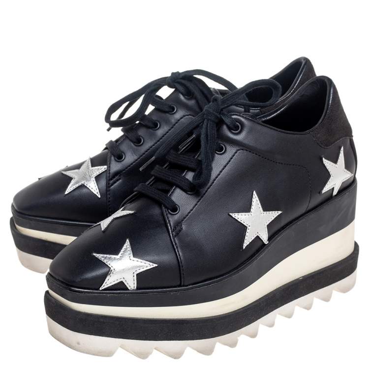 Pre Owned Stella McCartney Black Faux Leather Elyse Star Platform Lace Up Sneakers Size 35