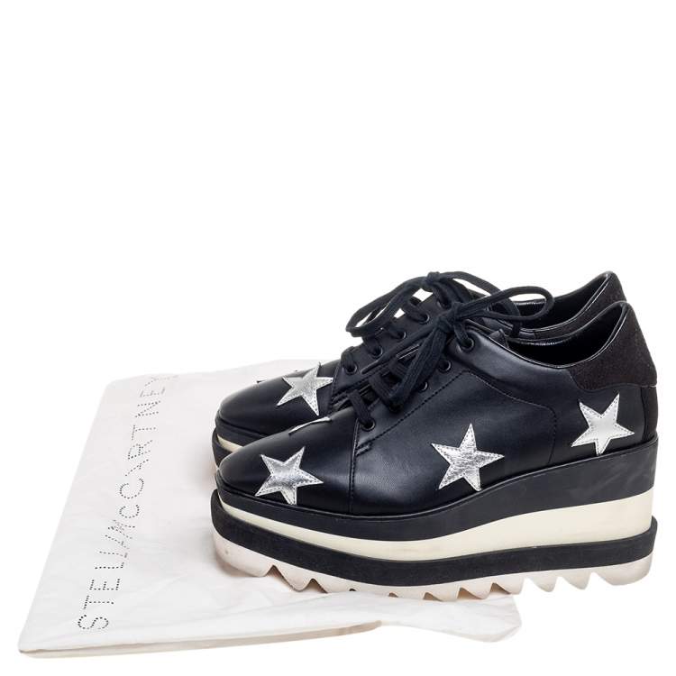 Pre Owned Stella McCartney Black Faux Leather Elyse Star Platform Lace Up Sneakers Size 35