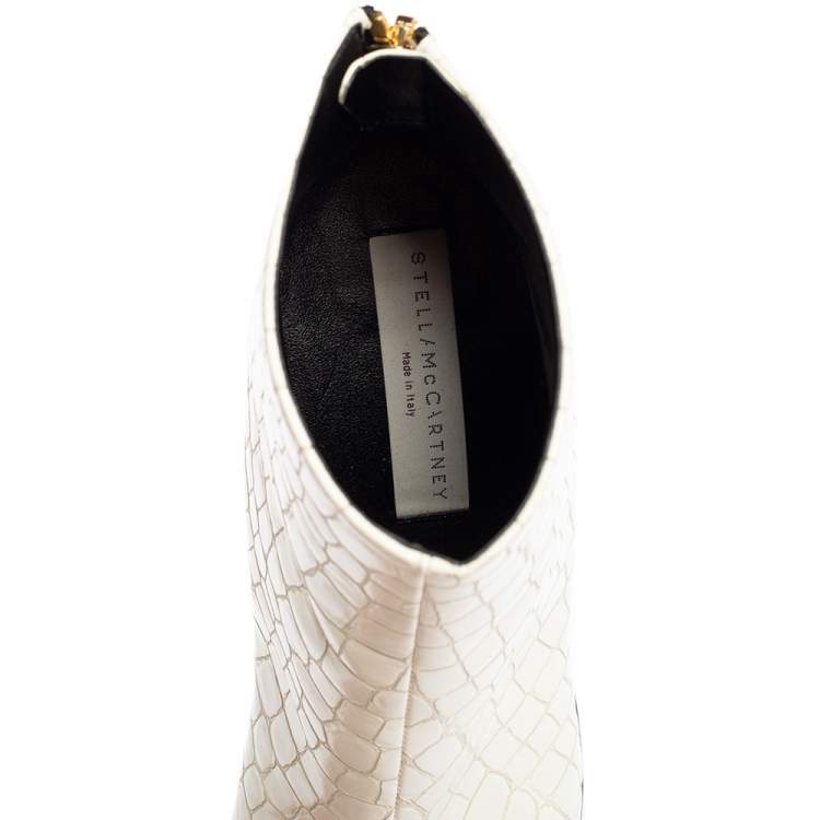 Pre Owned Stella McCartney White Croc Embossed Faux Leather Peep Toe Ankle Boots Size 37.5