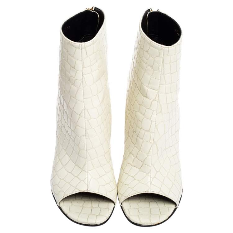 Pre Owned Stella McCartney White Croc Embossed Faux Leather Peep Toe Ankle Boots Size 37.5