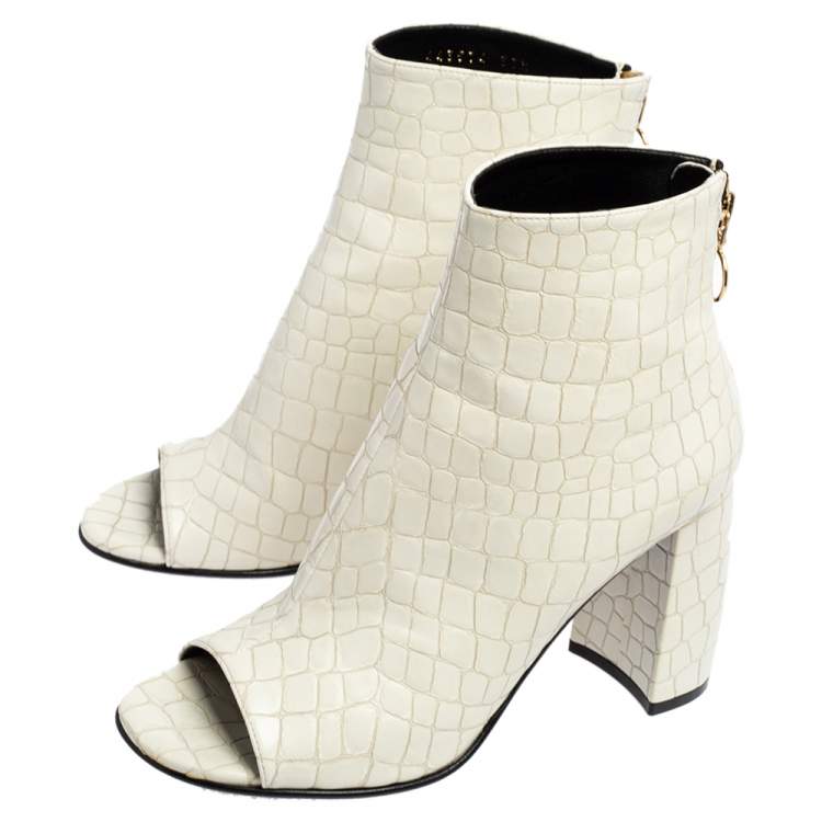 Pre Owned Stella McCartney White Croc Embossed Faux Leather Peep Toe Ankle Boots Size 37.5