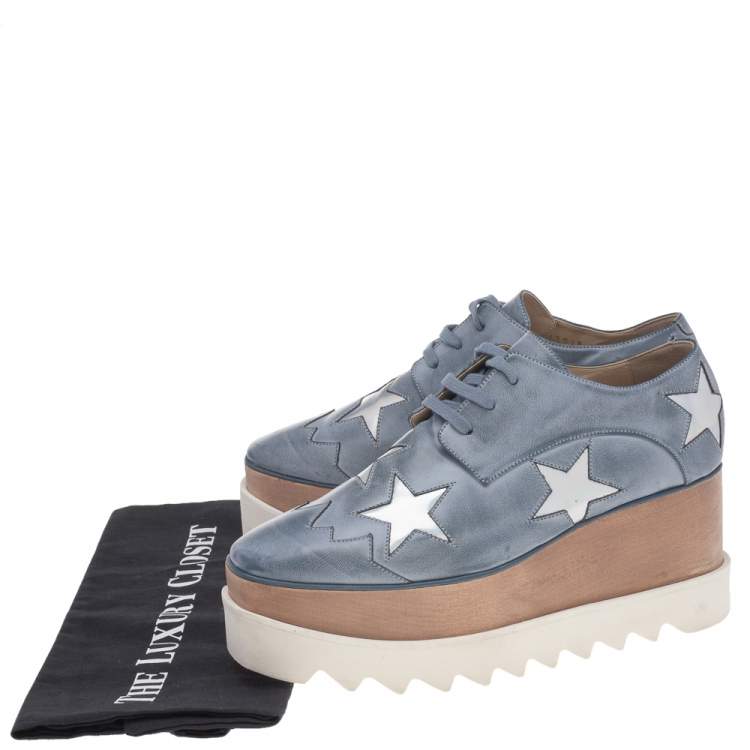 Pre Owned Stella McCartney Blue Faded Effect Faux Leather Elyse Star Platform Lace Up Derby Size 36.5