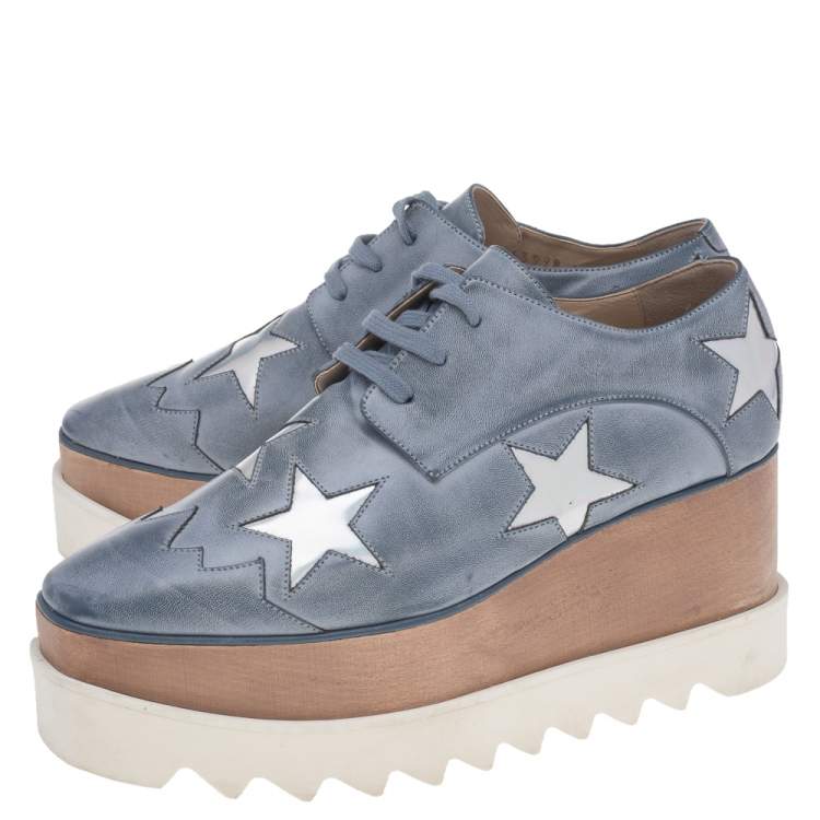 Pre Owned Stella McCartney Blue Faded Effect Faux Leather Elyse Star Platform Lace Up Derby Size 36.5