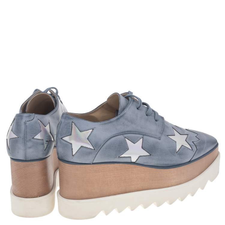 Pre Owned Stella McCartney Blue Faded Effect Faux Leather Elyse Star Platform Lace Up Derby Size 36.5
