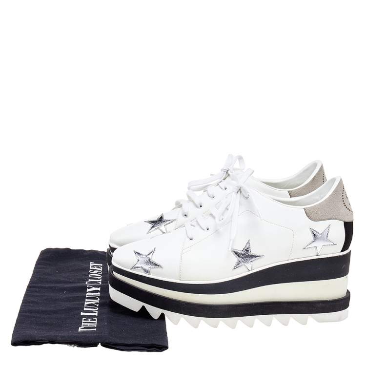 مملوكة مسبقًا Stella McCartney White Faux Leather Elyse Star Platform Lace Up Sneakers Size 37.5 