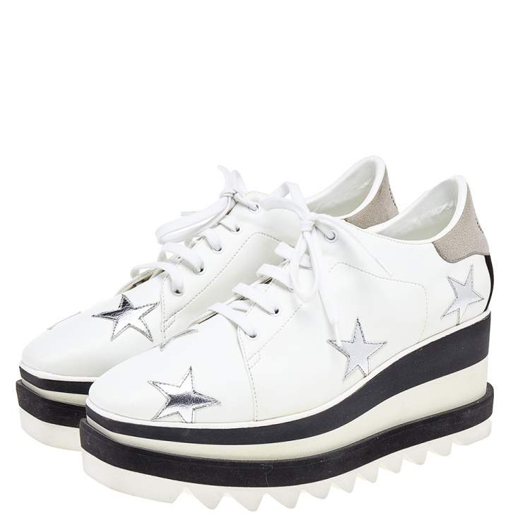 مملوكة مسبقًا Stella McCartney White Faux Leather Elyse Star Platform Lace Up Sneakers Size 37.5 