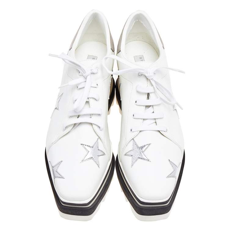 مملوكة مسبقًا Stella McCartney White Faux Leather Elyse Star Platform Lace Up Sneakers Size 37.5 