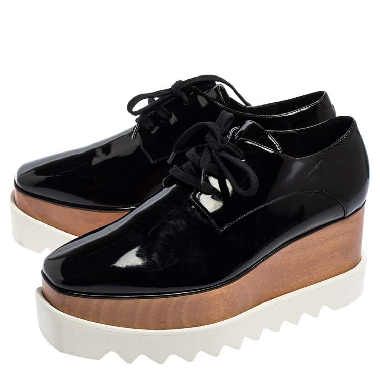 Pre Owned Stella McCartney Black Faux Patent Leather Elyse Platform Derby Size 38