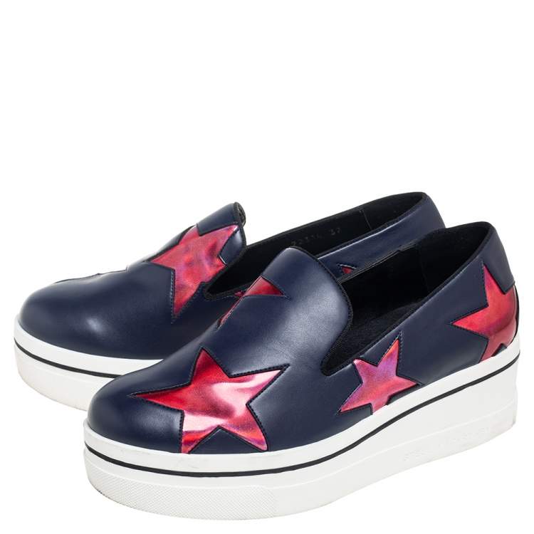Pre Owned Stella McCartney Metallic Grey Faux Leather  Binx Star Platform Slip On Sneakers Size 37