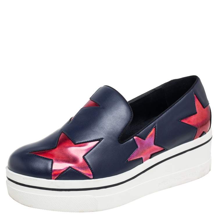 Pre Owned Stella McCartney Metallic Grey Faux Leather  Binx Star Platform Slip On Sneakers Size 37