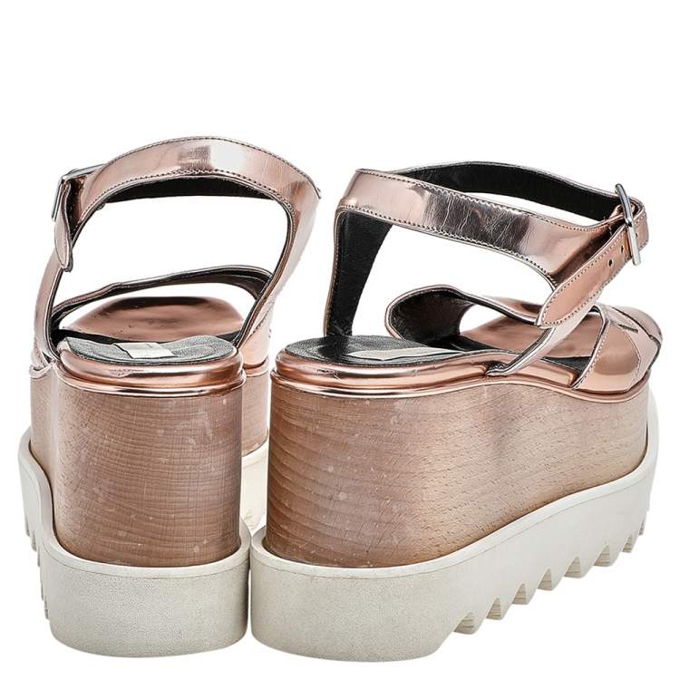 Pre Owned Stella McCartney Metallic Rose Gold Faux Patent Leather Elyse Star Platform Ankle Strap Sandals Size 37