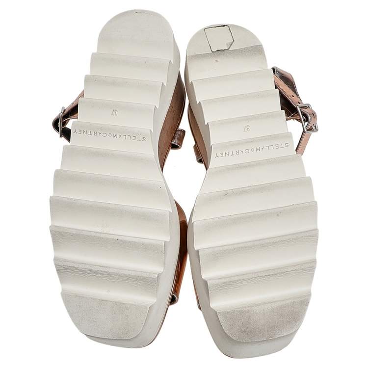 Pre Owned Stella McCartney Metallic Rose Gold Faux Patent Leather Elyse Star Platform Ankle Strap Sandals Size 37